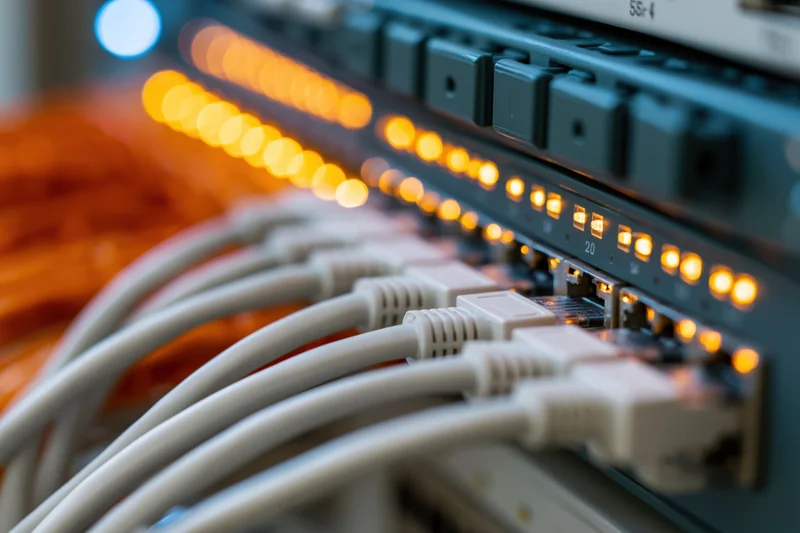 White ethernet cables plugged into a network switch with glowing orange leds