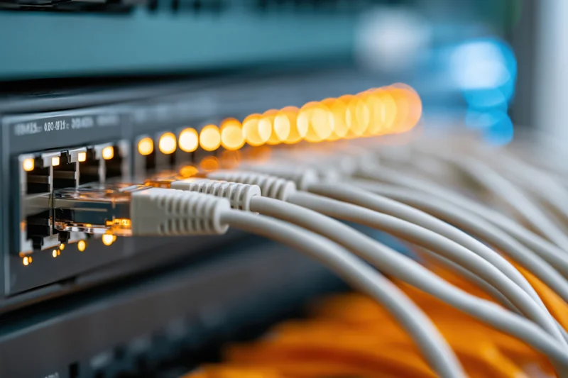 White ethernet cables plugged into a network switch with glowing orange LEDs