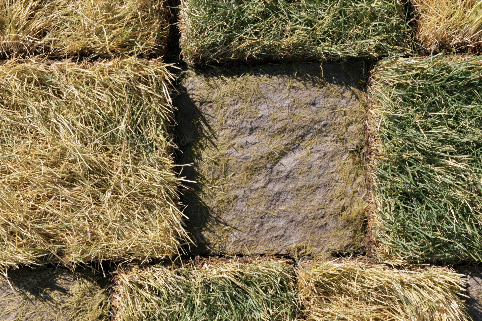 Overhead view of freshly laid grass turf squares arranged in a grid on a stone base