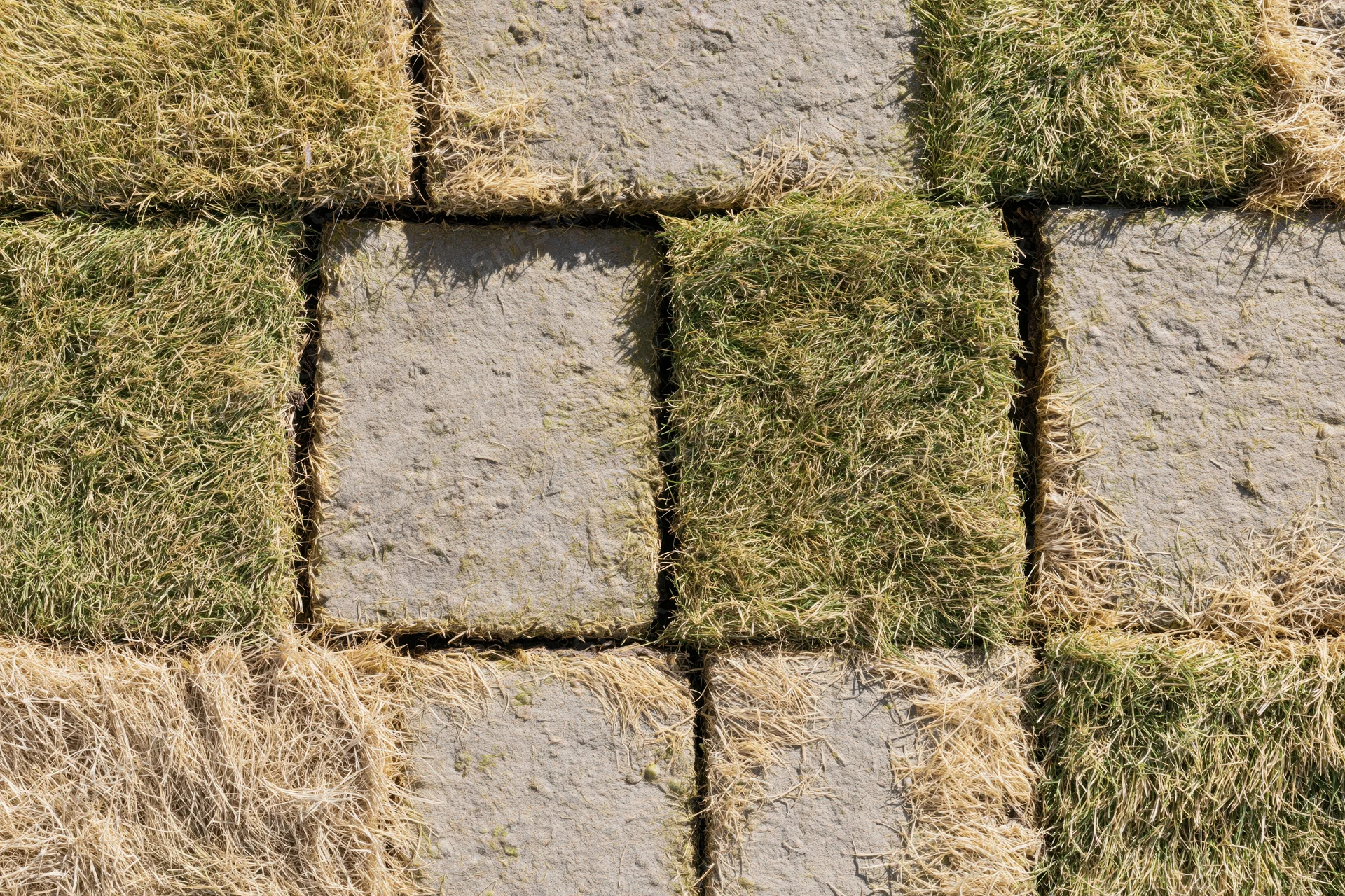 Overhead view of grass turf squares laid in a grid pattern on concrete pavement