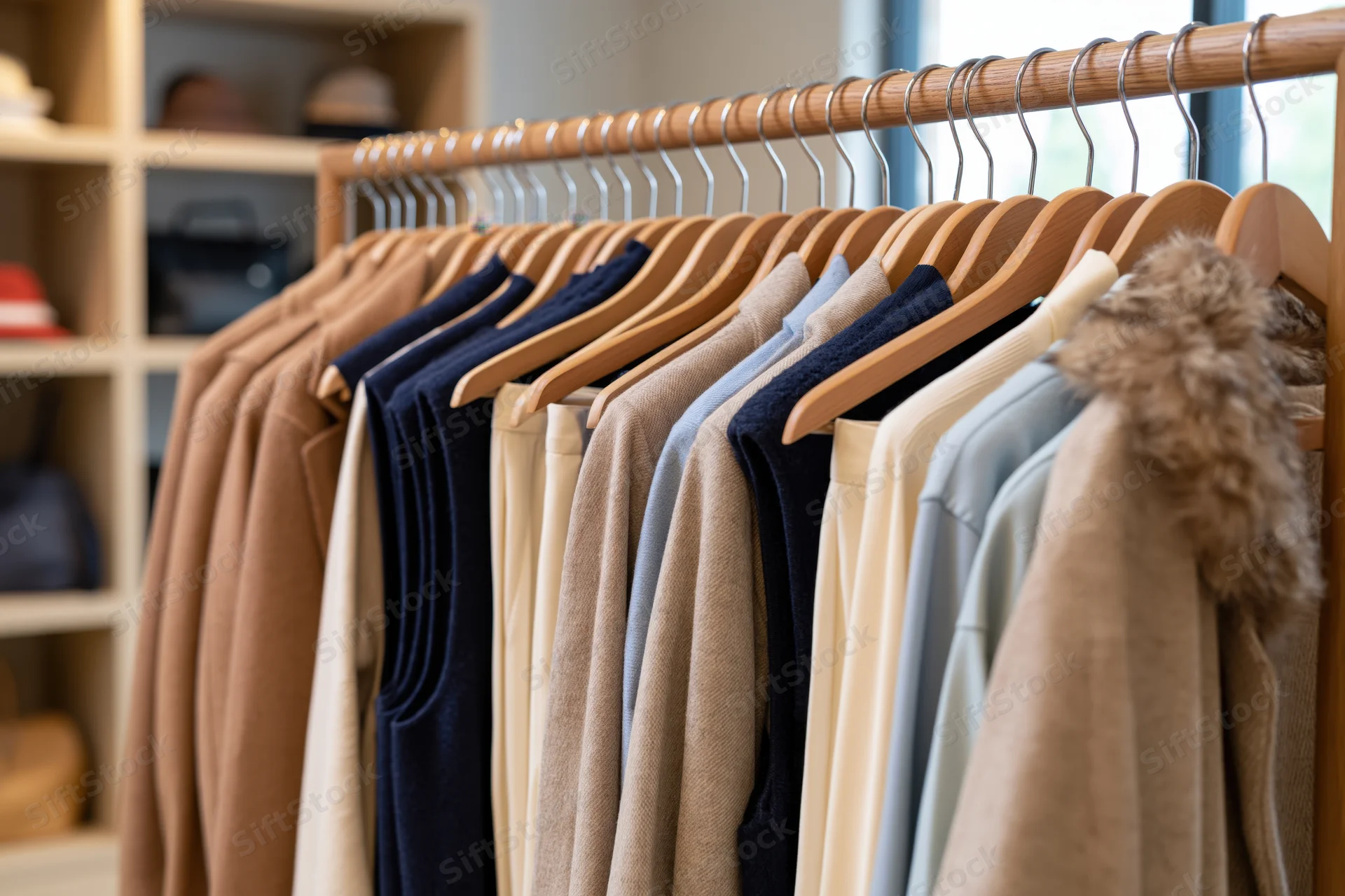 Clothing rack with garments hanging in a boutique retail store interior