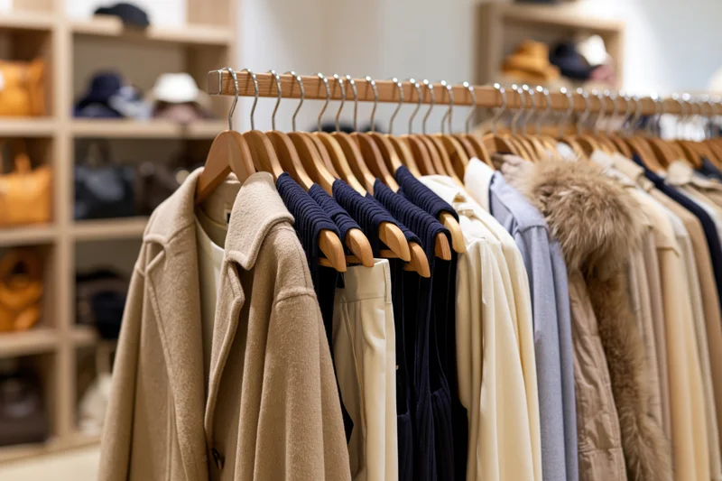 Clothing rack with garments hanging in a boutique retail store interior