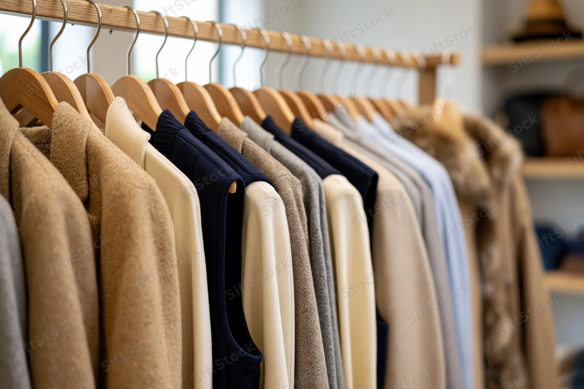 Clothing rack with garments hanging in a boutique retail store interior