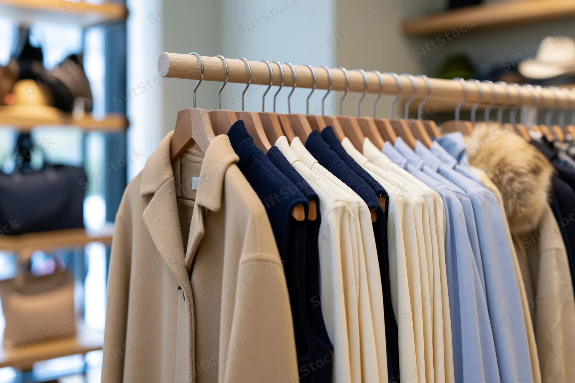 Clothing rack with garments hanging in a boutique retail store interior