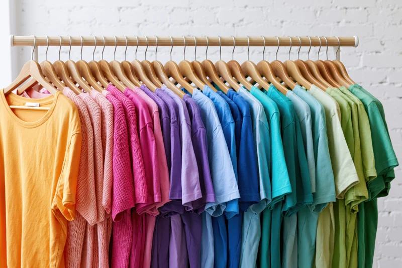 Rainbow-sorted tshirts on wooden rack against white brick wall