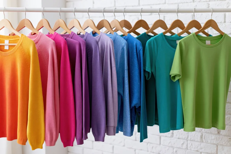 Rainbow-sorted tshirts and sweaters hanging on wooden hangers on a rack against a white brick wall