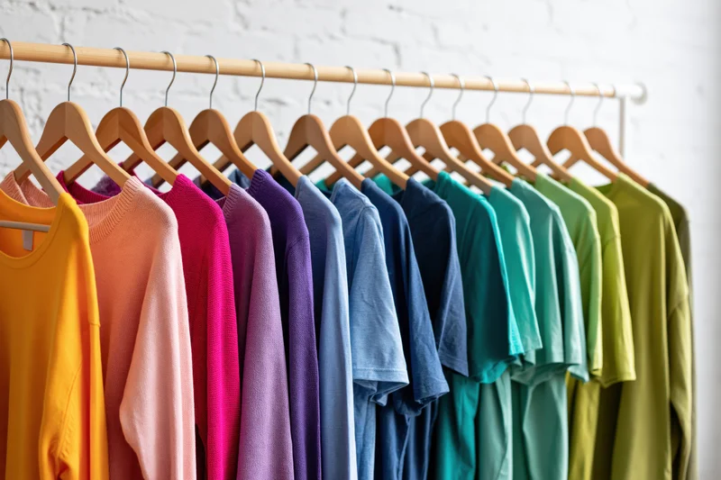 Colorful garments sorted by rainbow hue on wooden rack against white brick wall