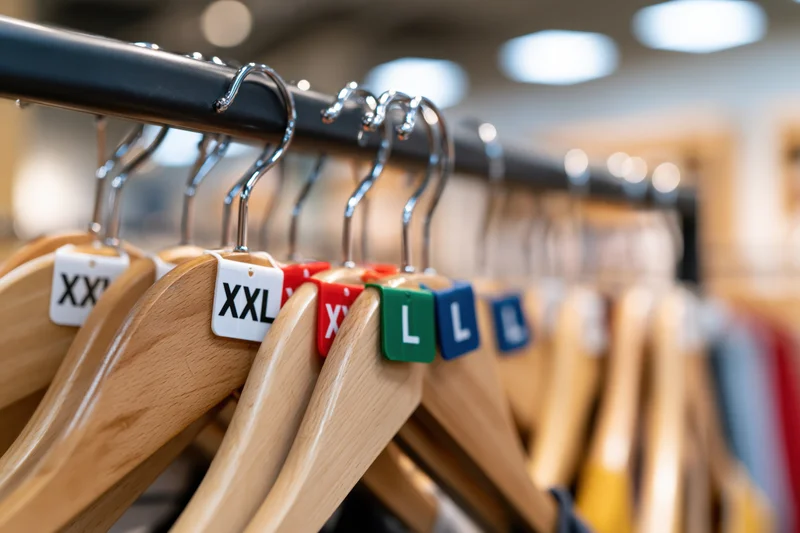 Wooden hangers with size markers arranged on a black rack in a clothing store