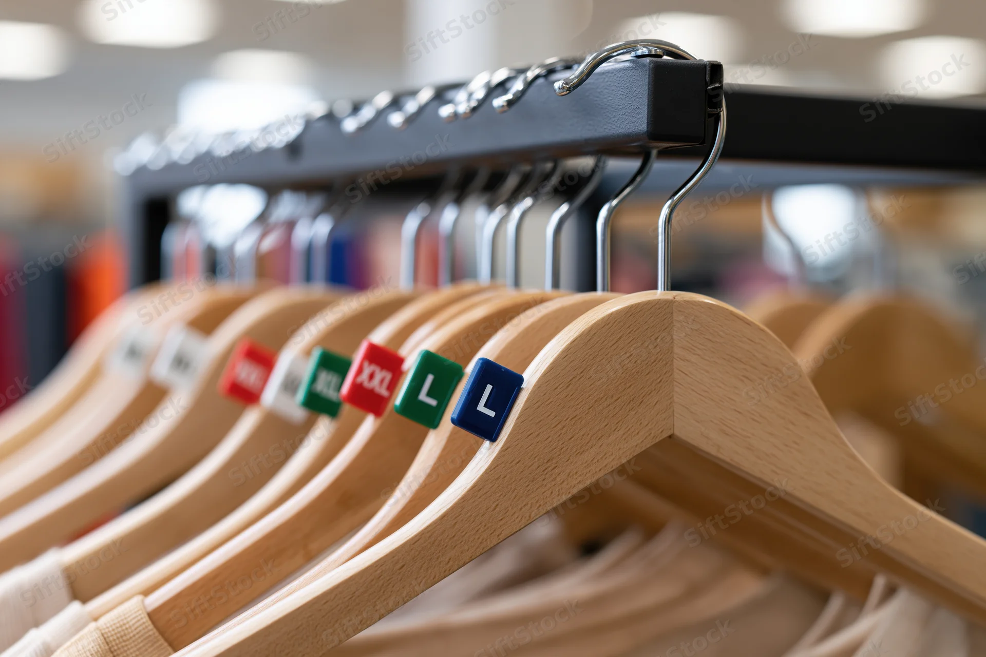 Wooden hangers with size markers arranged on a black rack in a clothing store display