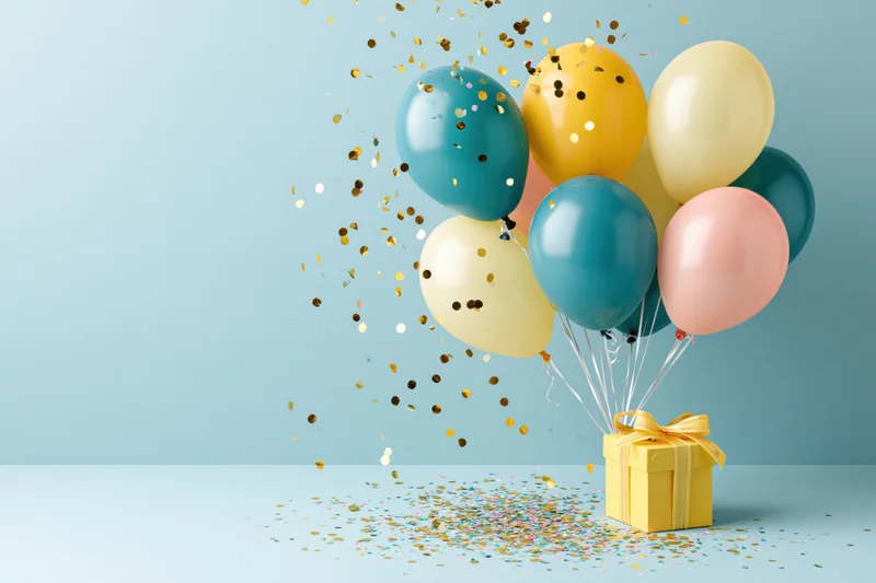 Cluster of teal, yellow, cream and pink balloons floating above a yellow gift box with ribbon, surrounded by scattered confetti on a light blue surface