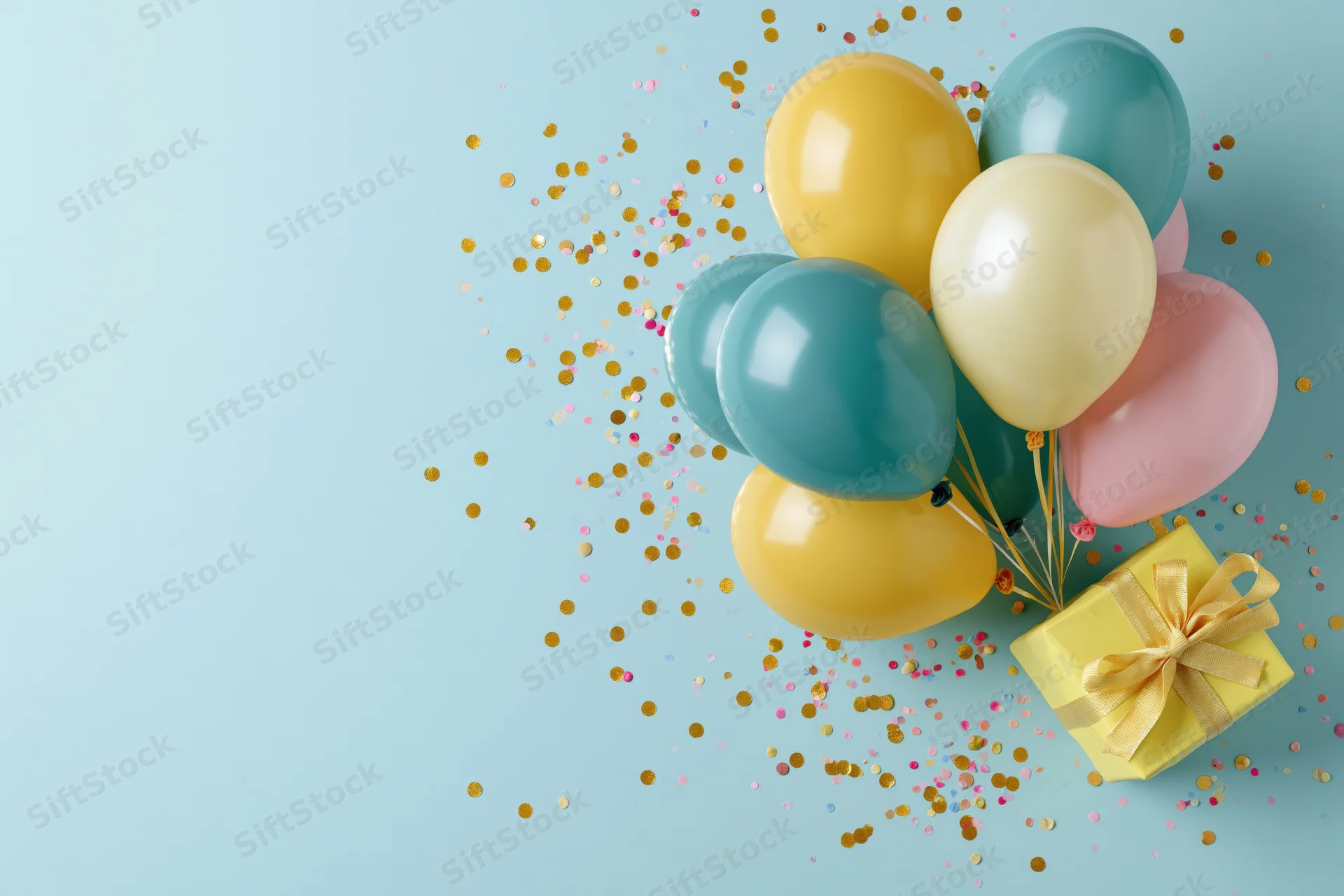 Cluster of teal, yellow, cream and pink balloons with confetti and a gift box on a light blue background