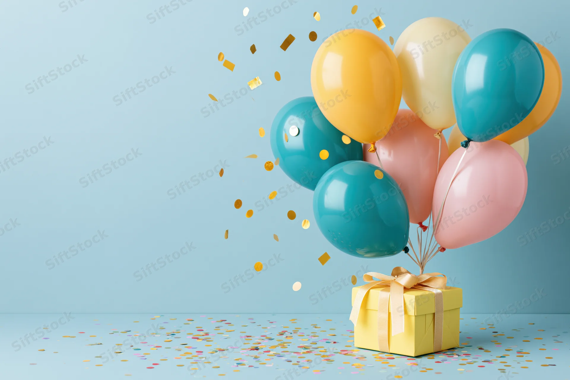 Cluster of colorful latex balloons floating above a yellow gift box with ribbon and confetti on light blue background