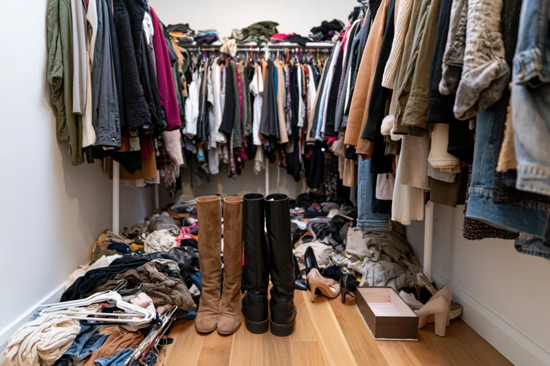 Cluttered walk-in closet with clothes piled on floor and hanging on racks, boots and shoes in foreground