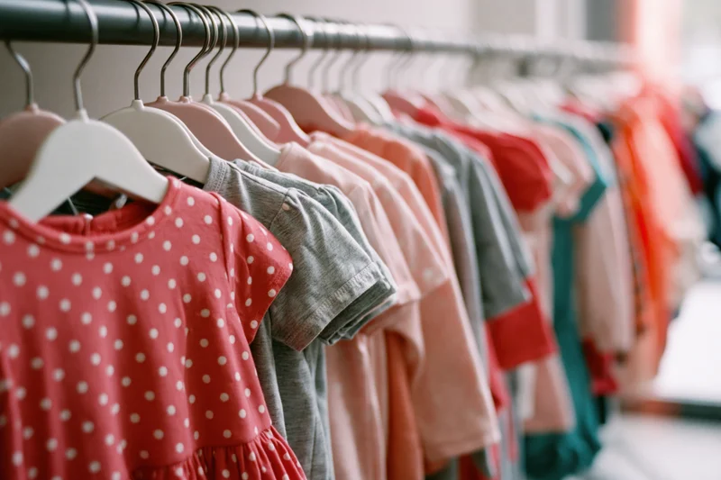 Colorful childrens clothing hanging on a rack in a retail store display