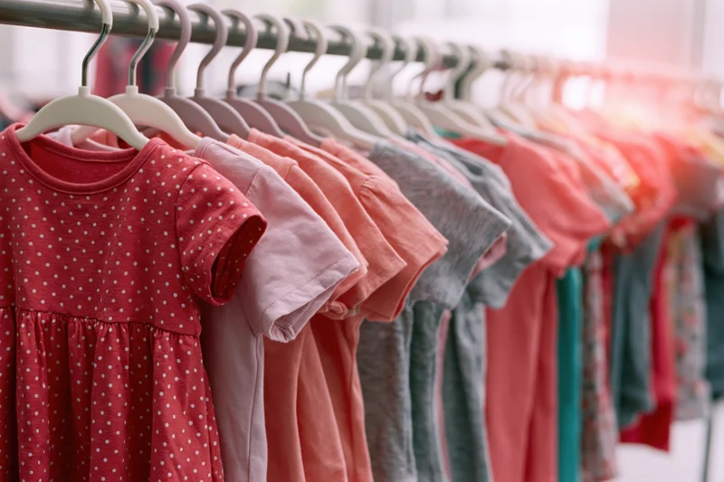 Childrens clothing hanging on a rack in a retail store display