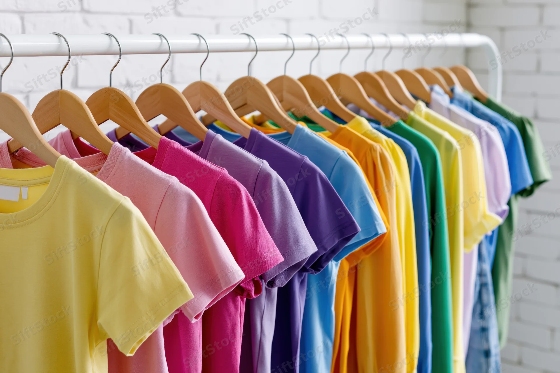 Colorful tshirts arranged in rainbow order on wooden hangers in a retail display