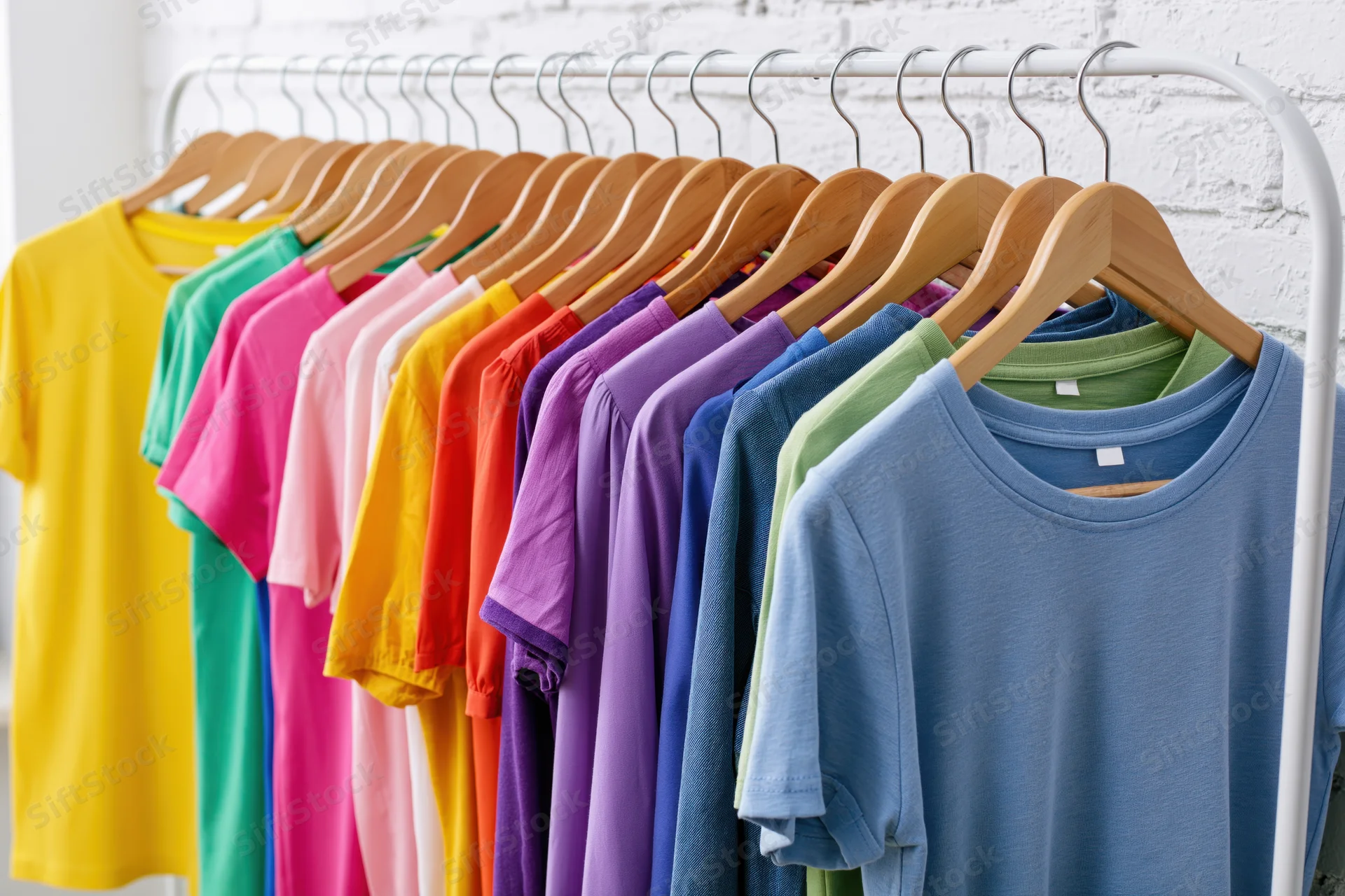 Colorful tshirts arranged in rainbow order on wooden hangers in a retail display