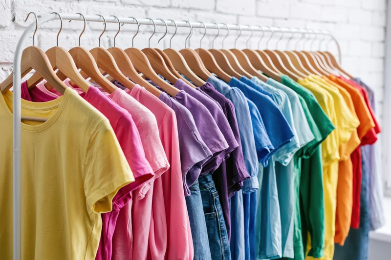 Colorful tshirts arranged in rainbow order on wooden hangers in a retail display