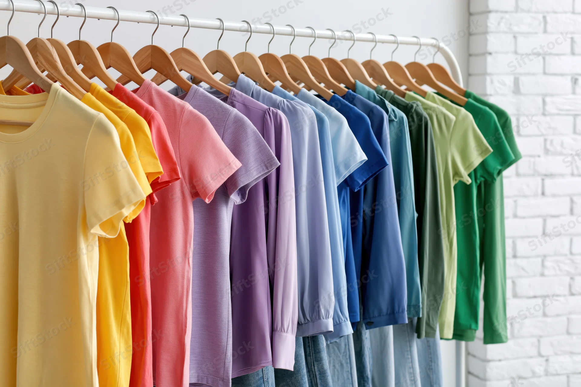 Colorful tshirts arranged in rainbow order on wooden hangers in a retail display