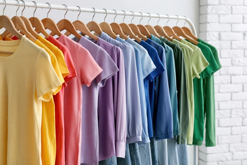 Colorful tshirts arranged in rainbow order on wooden hangers in a retail display
