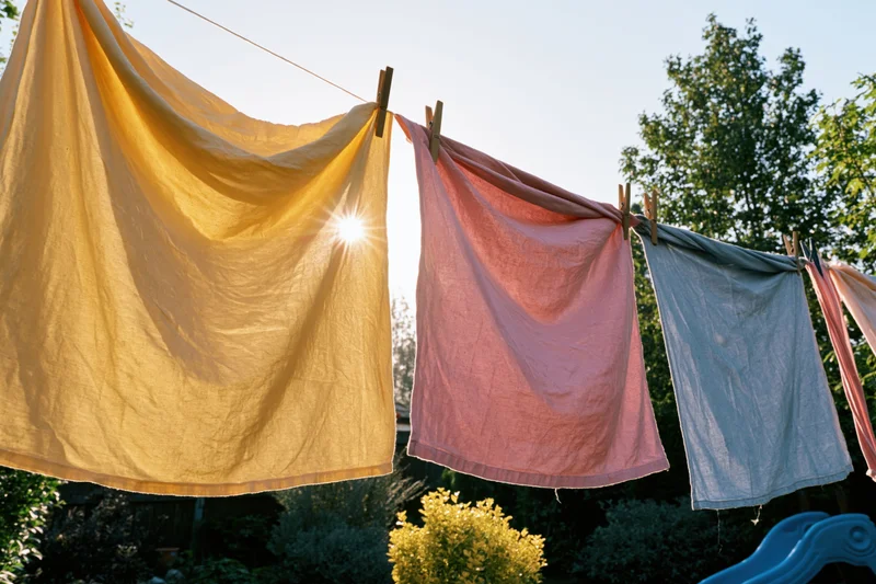 Colorful linen clothes hanging on a clothesline in a backyard garden with sun shining through