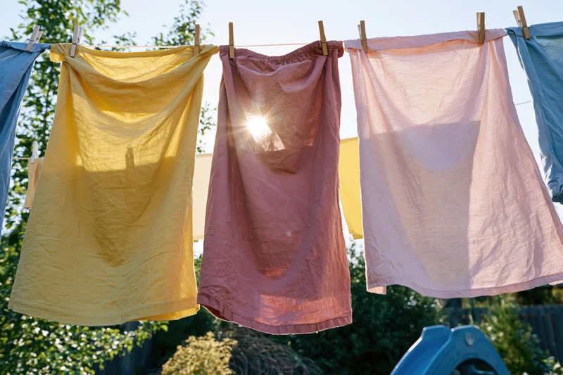 Colorful laundry drying on a clothesline in a sunlit backyard garden