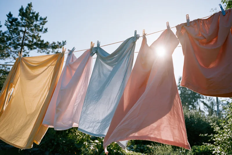 Colorful garments hanging on an outdoor clothesline in a garden with sunlight filtering through