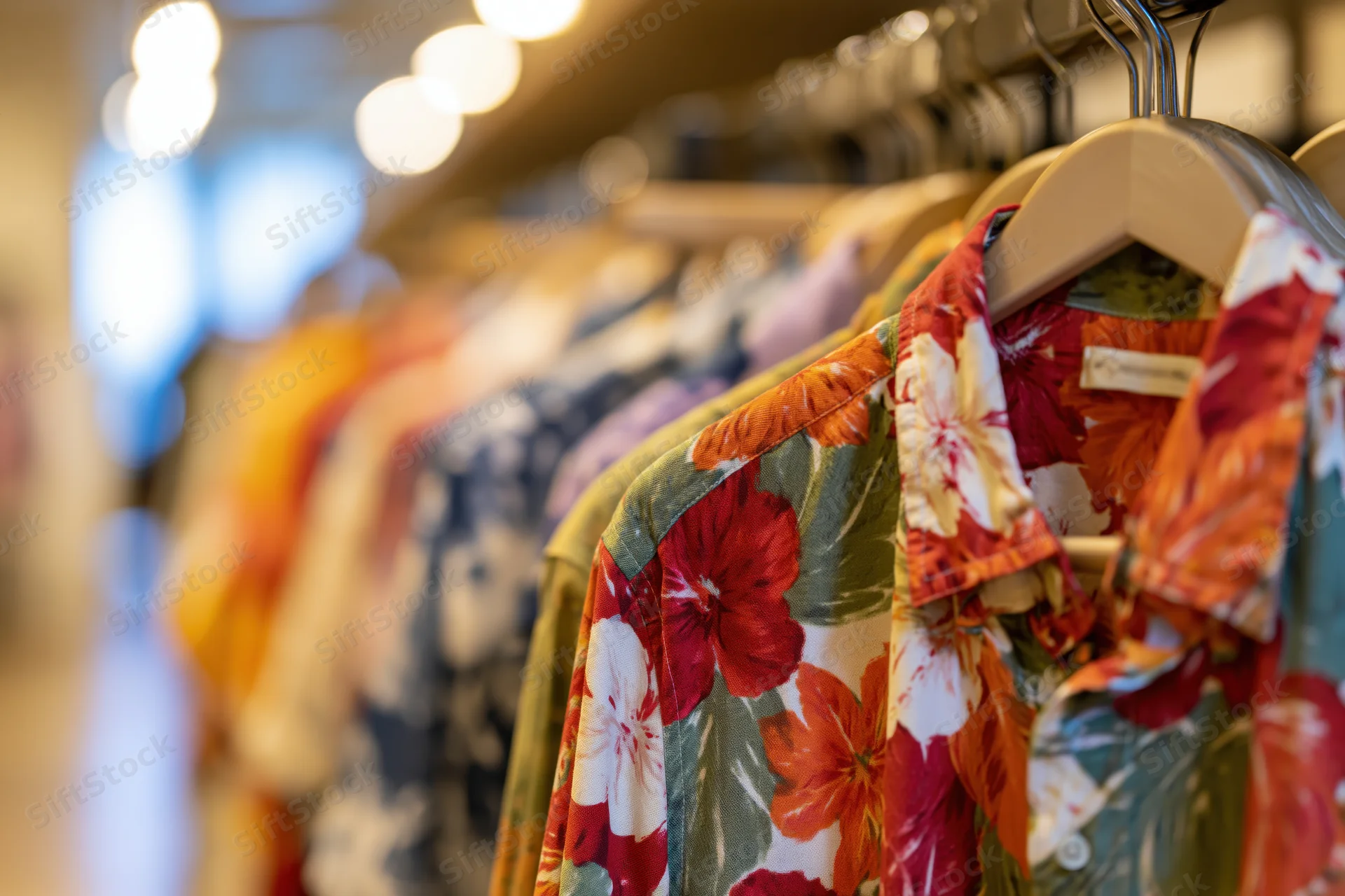 Colorful tropical-print shirts hanging on a rack in a clothing store