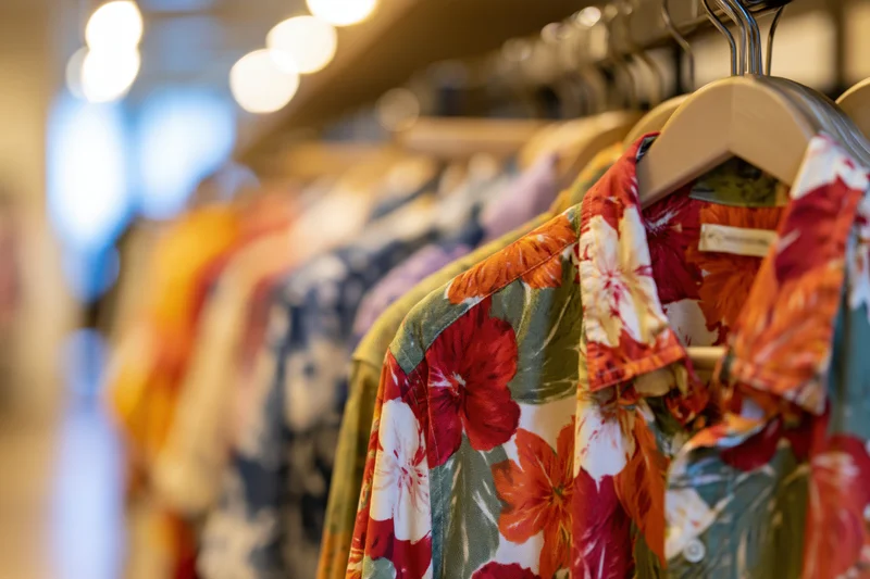 Colorful tropical-print shirts hanging on a rack in a clothing store