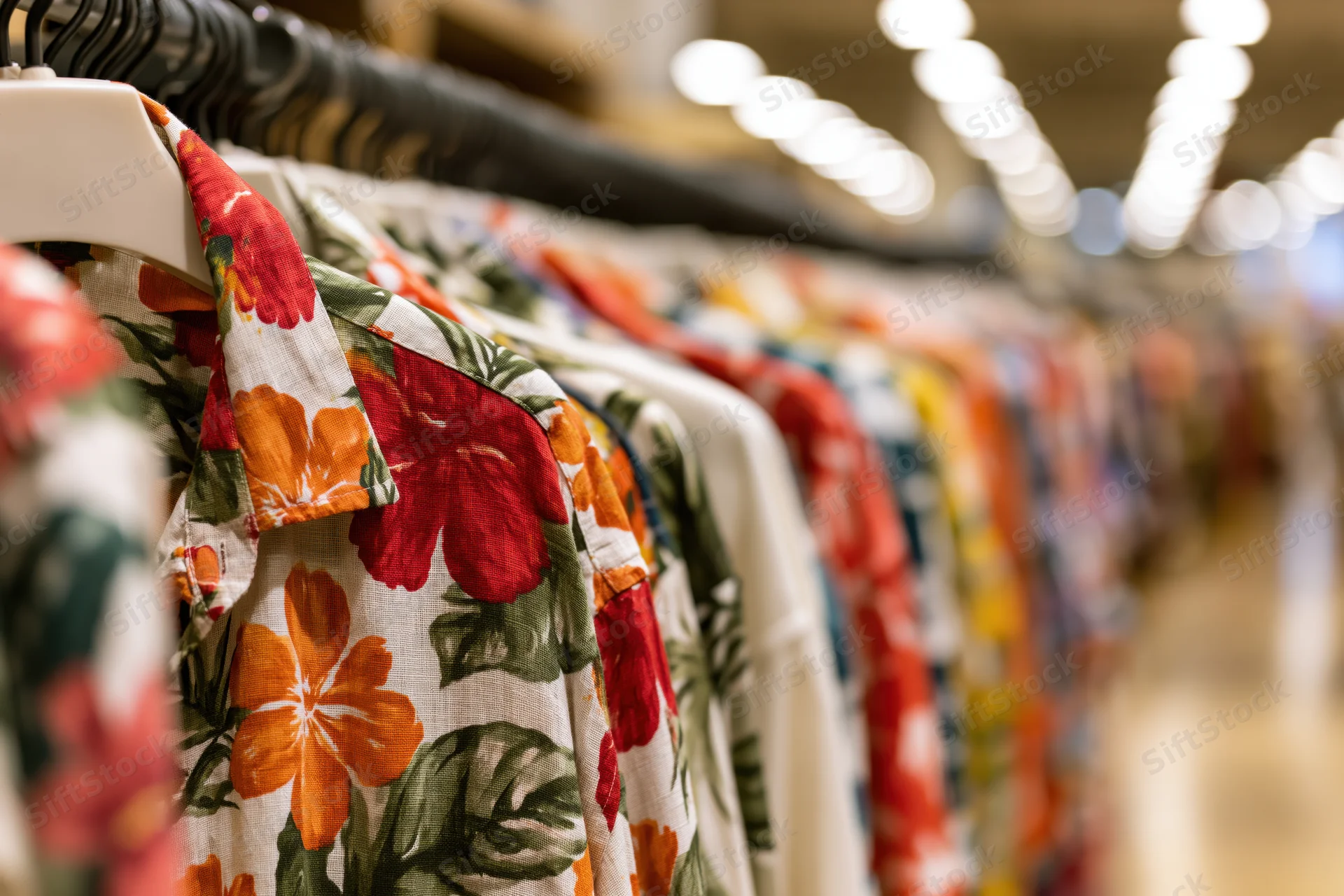 Colorful tropical-print shirts hanging on a rack in a retail store