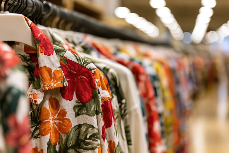 Colorful tropical-print shirts hanging on a rack in a retail store