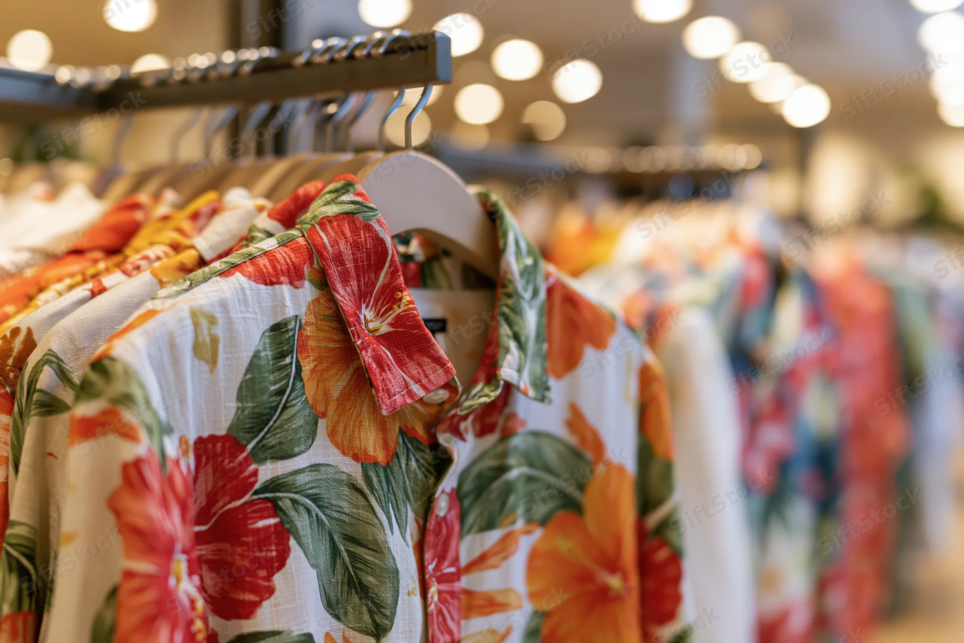 Tropical-print shirt hanging on a rack in a retail store