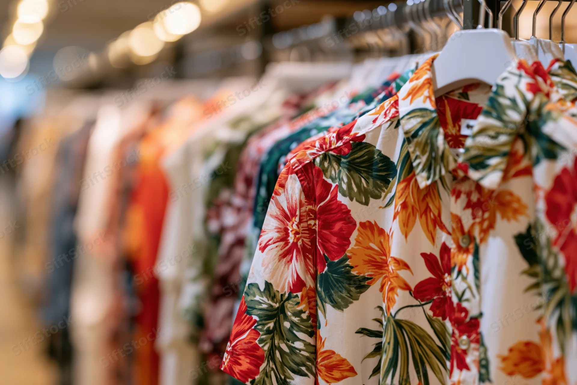 Tropical-print shirt hanging on a clothing rack in a retail store
