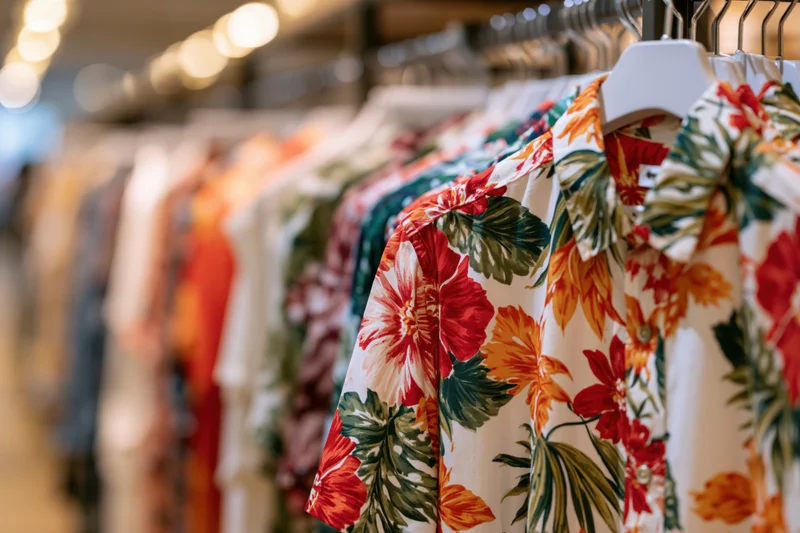 Tropical-print shirt hanging on a clothing rack in a retail store