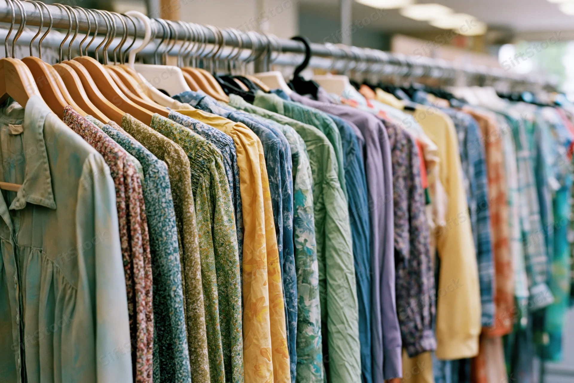 Colorful women's clothing hanging densely on a metal rack in a retail store