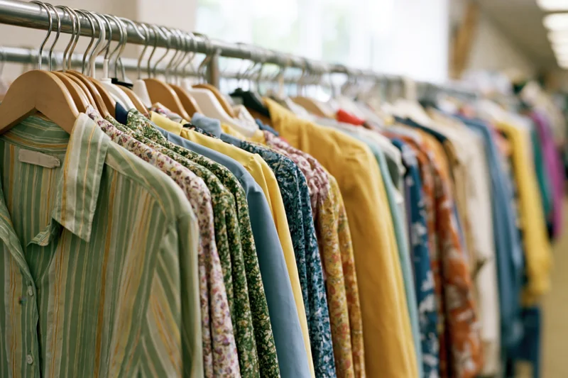 Colorful women's clothing hanging densely on a metal rack in a retail store