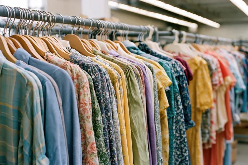 Colorful women's clothing densely hung on a metal rack in a retail store interior