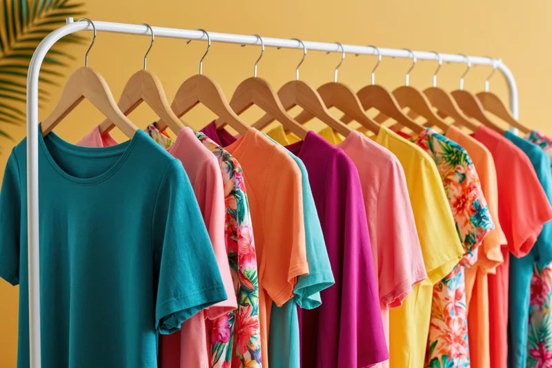Colorful women's summer tshirts hanging on a white metal rack with wooden hangers against a yellow wall