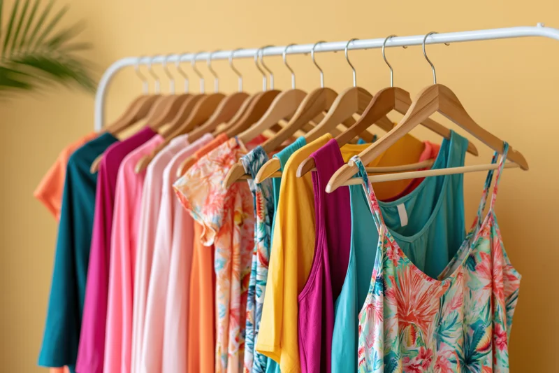 Colorful women's summer clothing hanging on a white metal rack in a bright interior