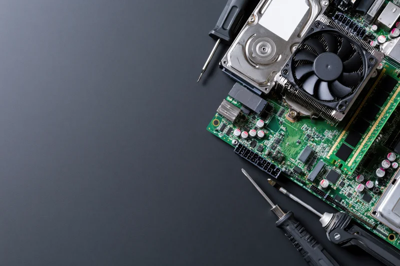 Computer motherboard with repair tools arranged on dark surface