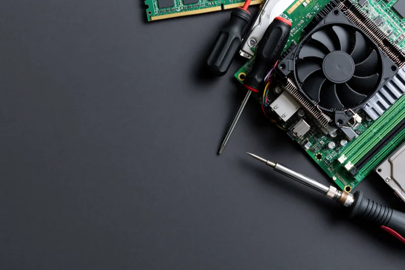 Computer hardware components and repair tools arranged on dark surface
