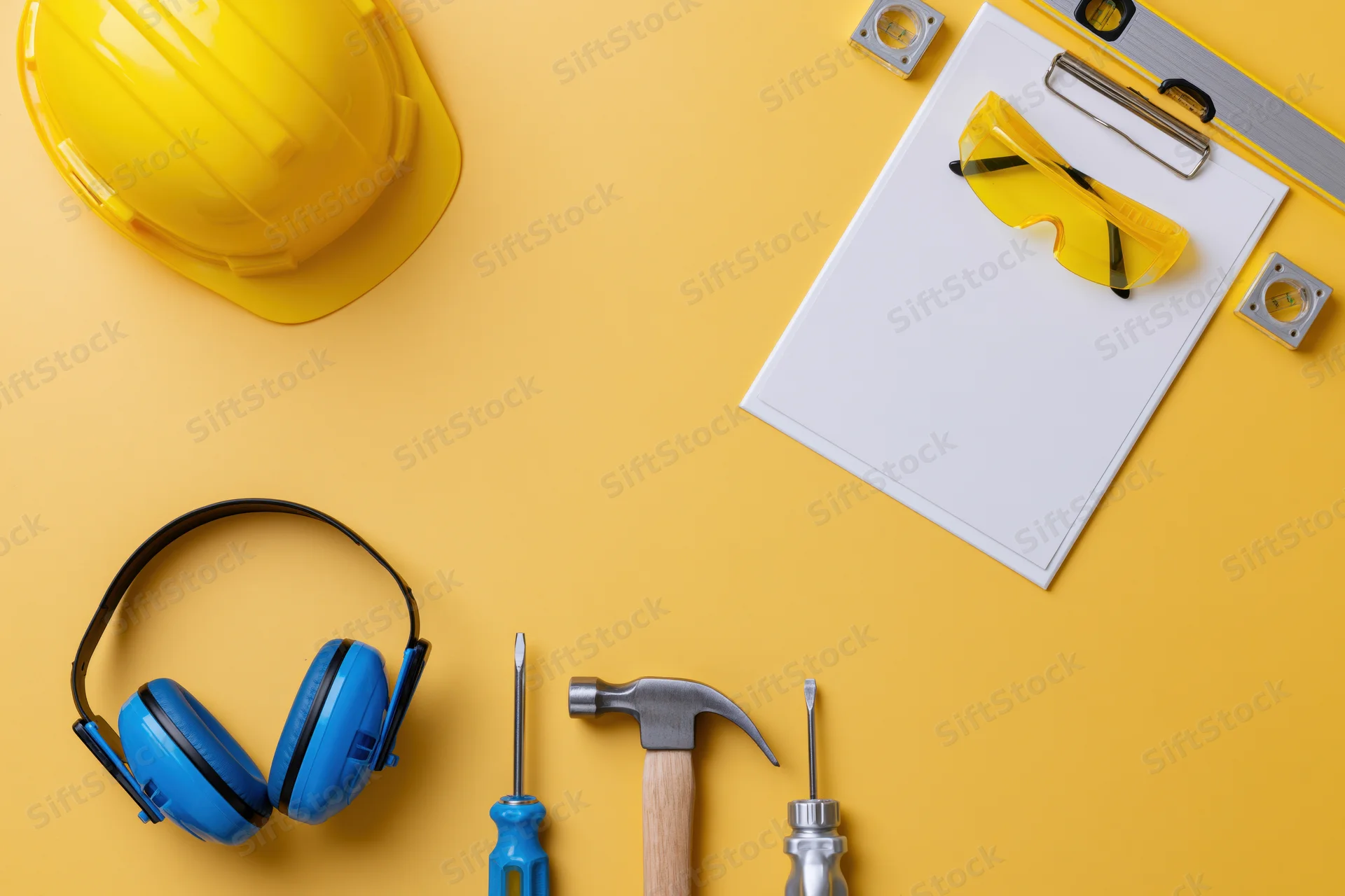 Construction safety equipment and hand tools arranged on yellow background with copyspace