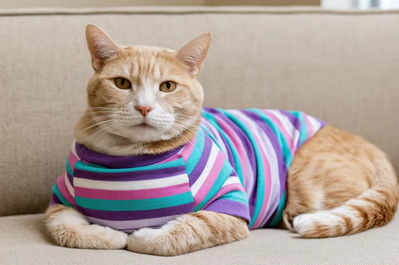 Ginger tabby cat lying on beige fabric sofa wearing striped sweater
