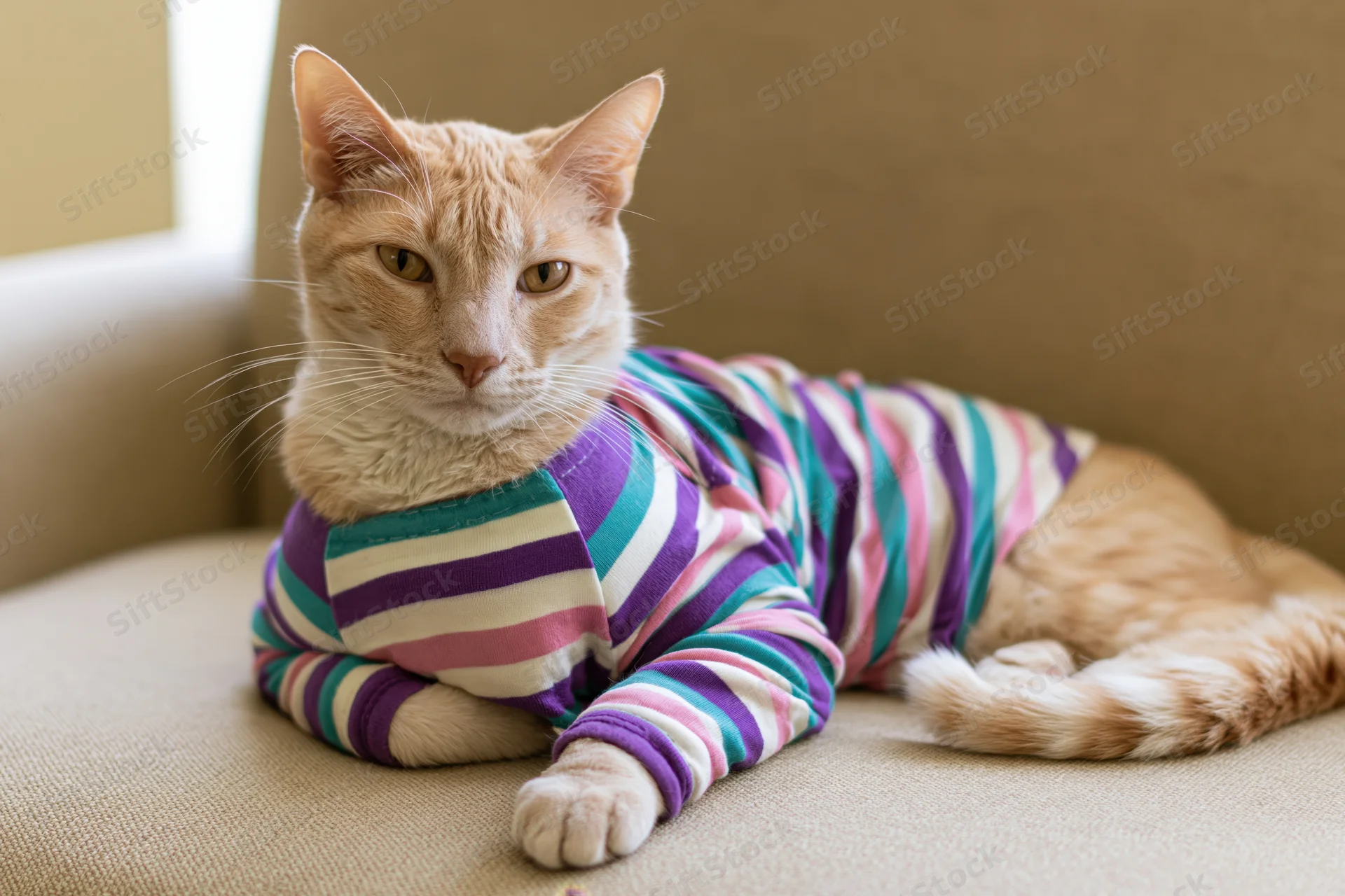 Ginger tabby cat lying on beige fabric sofa wearing striped sweater