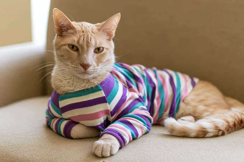 Ginger tabby cat lying on beige fabric sofa wearing striped sweater