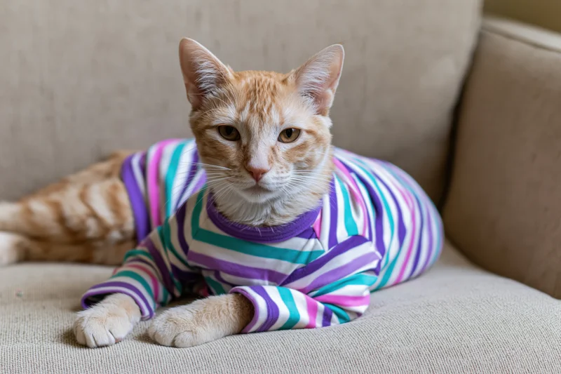 Ginger tabby cat lying on beige fabric sofa wearing striped pajamas