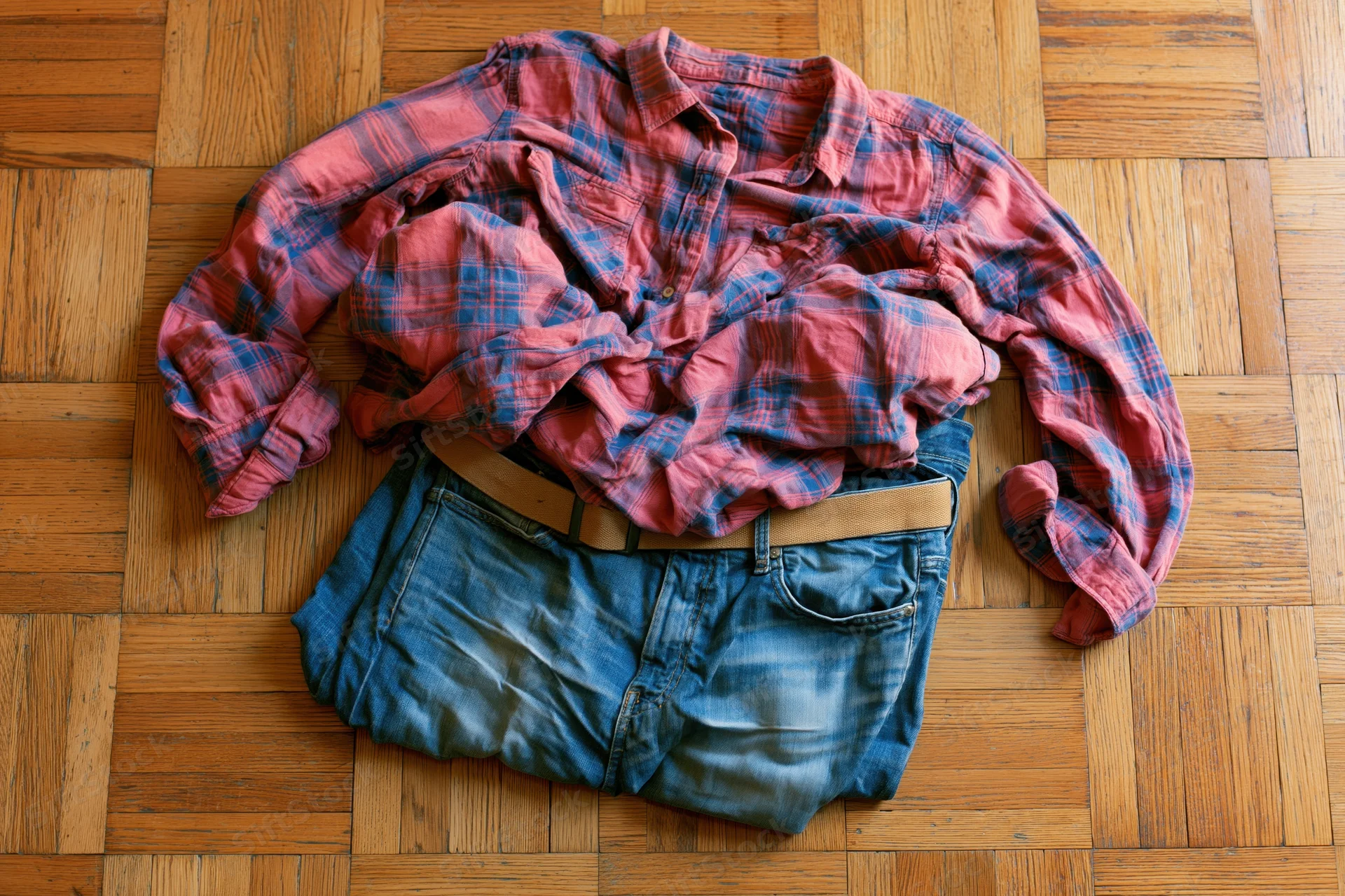 Crumpled red plaid flannel shirt on folded blue jeans with belt on wooden floor