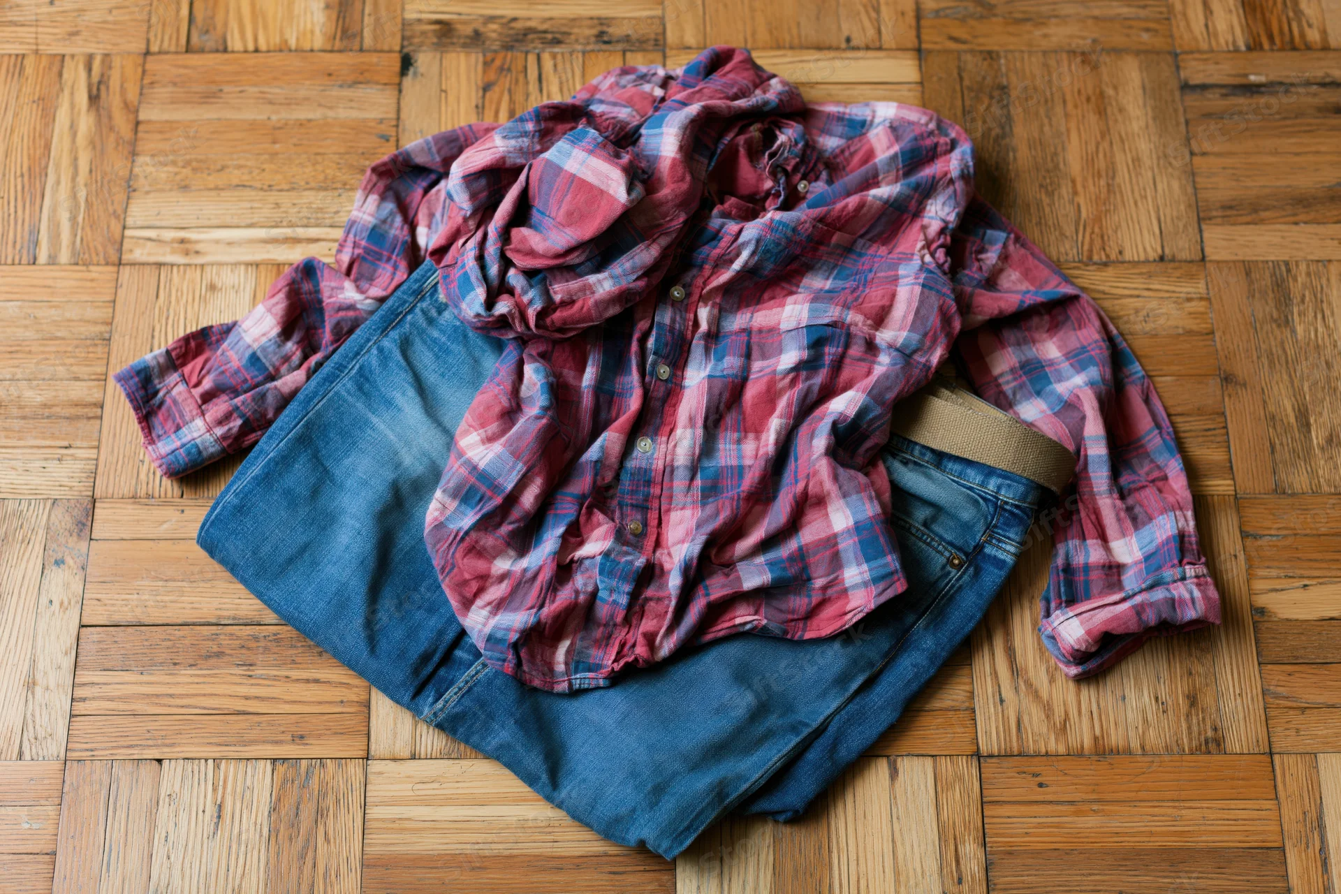 Crumpled red plaid flannel shirt on folded blue jeans on wooden parquet floor