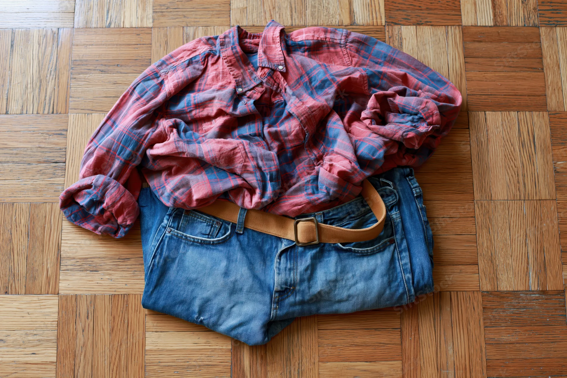 Crumpled red plaid flannel shirt on folded blue jeans with belt on wooden floor
