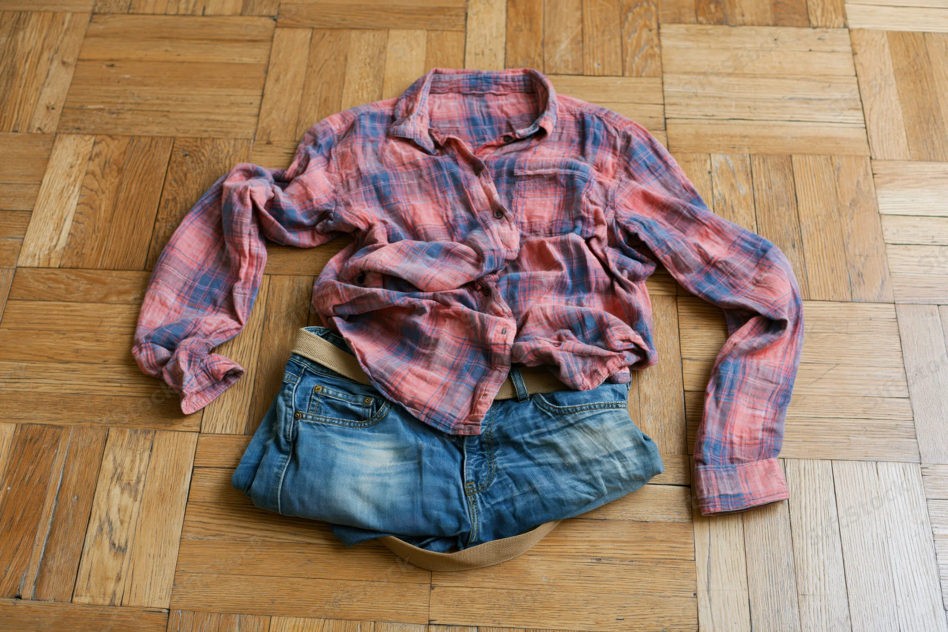 Crumpled red plaid flannel shirt on folded blue jeans with belt on wooden parquet floor